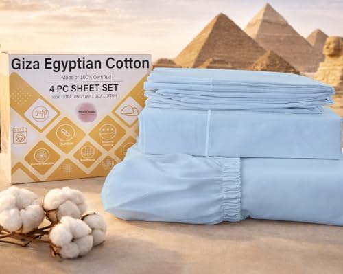 MyGiza Sheets 4 Pcs Twin XL Sheet Set, 100% Certified Giza Egyptian Cotton, Soft & Luxury Sheets fits 15 Inches Deep Mattress, Sky Blue