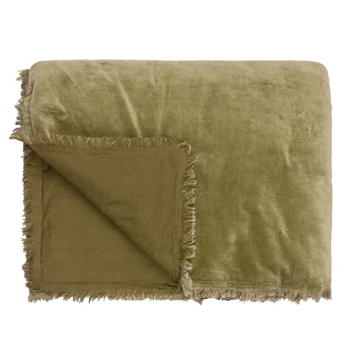 furn. Yard Jaye Cotton Velvet Filled Bedspread - Soft Fringed Finish (Moss - 220x140cm)