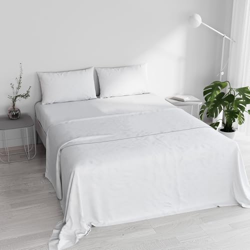 Double Bed Sheet Set, 100% Natural Cotton, Made in Italy – Complete Bed Set, Fitted Sheet, Top Sheet 240 x 300 cm and Pillowcases with Inner Flap, White/White