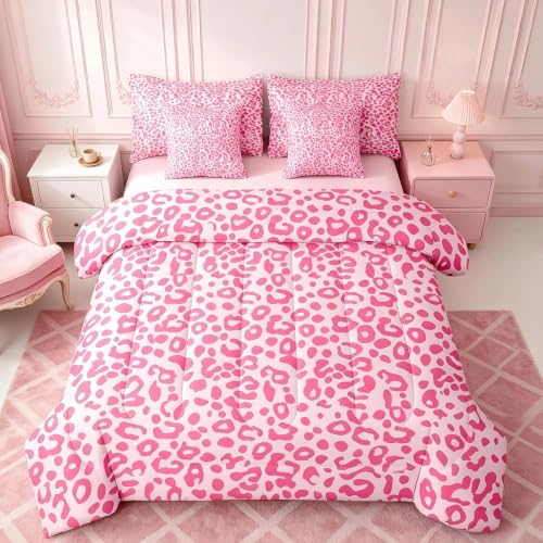 Feelyou Cute Leopard Bedding Set for All Season Cheetah 7 Pieces Comforter Sets Twin Size Teens Room Decor Pink Animal Print Bed in a Bag with Comforter, Sheets, Pillowcases & Cushion Cover