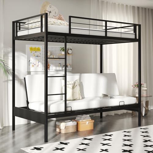 RELAX4LIFE Metal Bunk Bed, Single Over Futon Loft Bed Frame with Ladder, Full-length Guardrails and Under-Bed Storage, Convertible Sofa Couch Space Saving Slatted High Sleeper for Teens Adults, Black