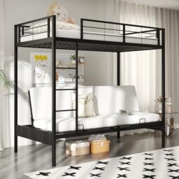 RELAX4LIFE Metal Bunk Bed, Single Over Futon Loft Bed Frame with Ladder, Full-length Guardrails and Under-Bed Storage, Convertible Sofa Couch Space Saving Slatted High Sleeper for Teens Adults, Black