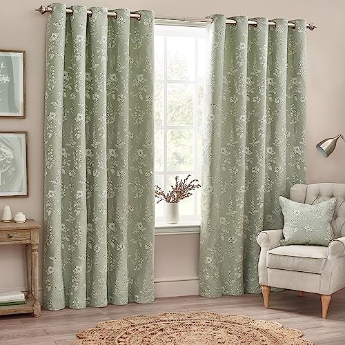 furn. Wylder Sophia Eyelet Curtain Pair – Room Darkening Jacquard Botanical Embroidered Lined Luxury Curtains (Sage – Width 229 x Drop 183cm)