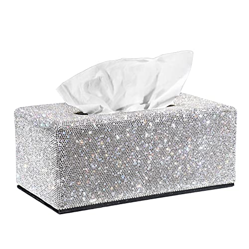 Sumnacon Luxurious Decorative Rectangular Tissue Box Holder with Magnetic Closure, Silver Crystal Rhinestones, MDF+Leather Material, Perfect for Home, Office, Car, Wedding Decoration