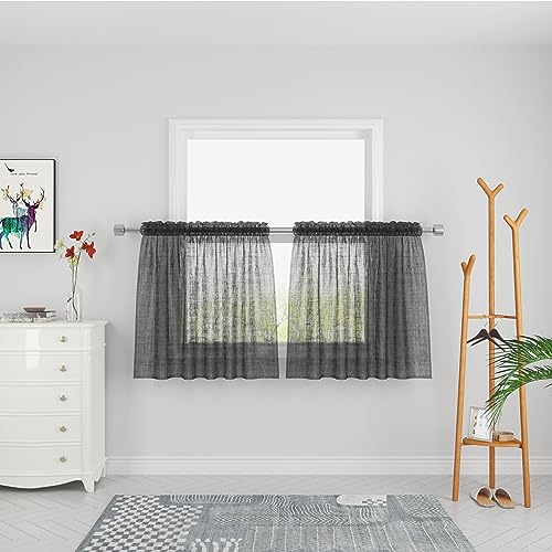 "UPOPO Black Sheer Tier Curtains Kitchen Bathroom Rod Pocket 30"""