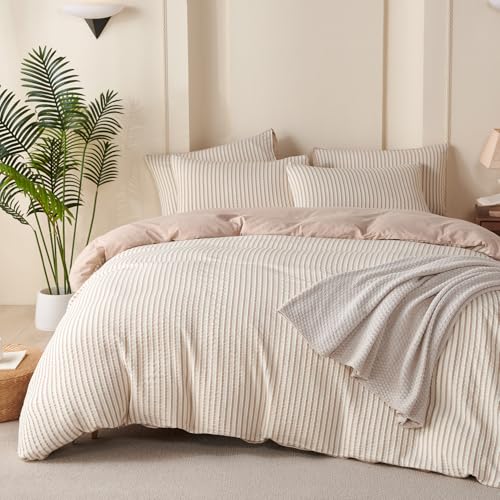 TISPLR Comforter Queen Set Beige Striped Soft Luxury Washed Microfiber Jacquard 3 Pieces Bedding, White Beige Vertical Ticking Stripes Pattern Comforter with 2 Pillowcases Breathable Durable Comfy