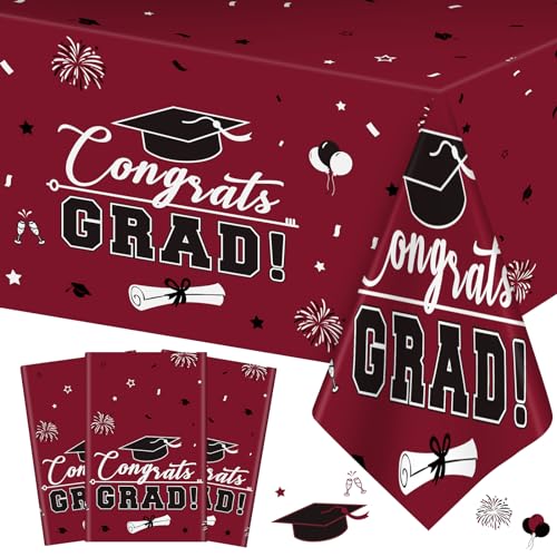 3 Pcs Graduation Tablecloth - Congrats Grad Table Cloth for Class of 2024, Disposable Plastic Rectangle Grad Table Cover for Graduation Party Decorations 2024 and Party Supplies, 54 x 108 Inch, Maroon