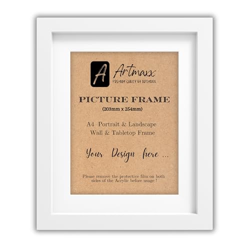 Artmaxx 8x10 White Photo Frame, for Table Top or Wall Mount, Transparent, Non-breaking Acrylic Glass Front, Solid Wood