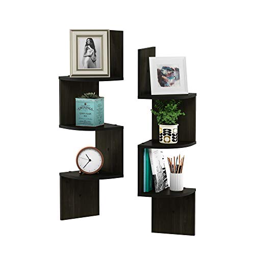 Furinno ROSSI Corner Floating Shelves for Wall Set of 2, 3-Tier Corner Zigzag Wall Shelf, Radial Wall Mounted Book Shelf, for Bathroom, Bedroom, Living Room, Espresso