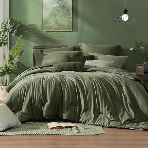 Monbix California King Comforter Set Olive Green 7 Pieces Bed in a Bag - Cationic Dyeing Reversible All Season Bedding Sets with Comforter, Sheets, Pillowcases & Shams