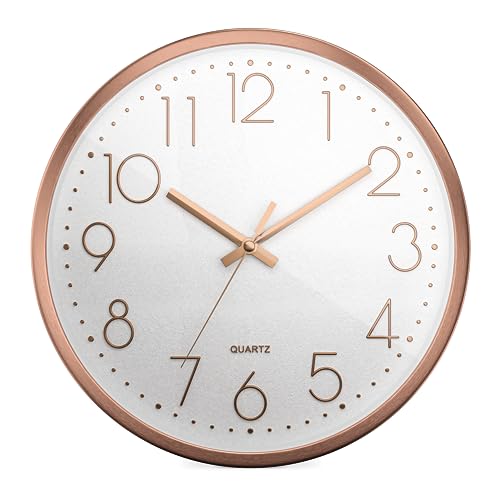 Mebus Quartz Wall Clock, Quiet Movement without Tick-Tack Noise, Aluminium Frame, Arabic Dial, 3D Numbers, Aluminium Hands, Colour: Rose + White, 30 cm
