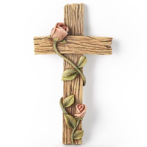 "BC Home Decor 8.25"" H Rose Cross for Wall, Wood Carve Looking Rustic Spring D??coration for Home, Easter Decor, Inspirational Gift for Her, Handpainted by Buildclassic"