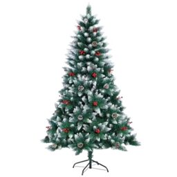 1.5m (5Ft) Flocked Artificial Christmas Tree with 480 Pencil Tips Balmoral Fir - Snowy Branches, Berries and Pine Cones Decorations Metal Stand - Bushy Luxury Xmas Home Centerpiece