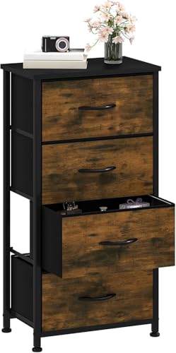 DWVO Chest of Drawers, 4 Fabric Drawers Bedroom Cabinet,Dresser for Bedroom,Living Room With Handles,Wood Top and Sturdy Steel Frame,Rustic Brown