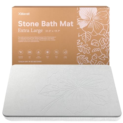 "XMarrat Extra Large Diatomaceous Earth Stone Bath Mat, 31.5""x19.7"" - Super Absorbent, Premium Fast-Drying Diatomite Bathmats, Non-Slip Base, Easy Clean for Shower Floor & Bathroom (Light Gray)"