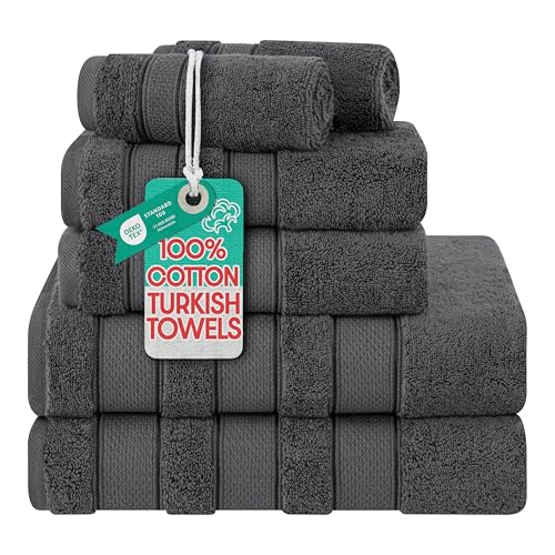 American Soft Linen Bath Towel Set, Luxury Salem Collection 100% Turkish Combed Cotton 6 Piece Towel Set, Soft Absorbent 2 Bath Towels 2 Hand Towels 2 Washcloths for Bathroom Shower Towels, Dark Grey