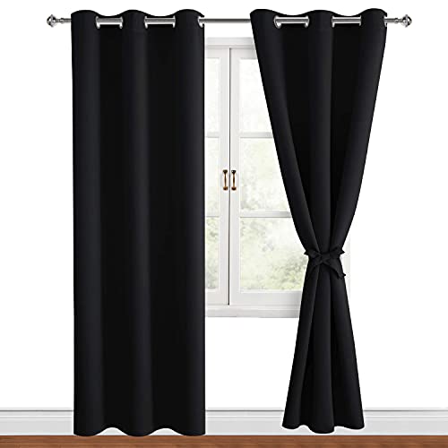 Hiasan Tieback Backout Curtains for Bedroom, 42 X 84 Inches Long - Thermal Insulated & Light Blocking Window Curtains for Living Room/Kids Room, 2 Panels, Black