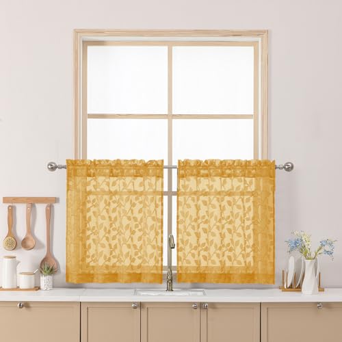 "Chyhomenyc Gold Sheer Curtains 24 Inch Length, Light Filtering Leaf Tufted Textured Small Window Kitchen Curtain Over Sink, Short Half Window Curtains for Bathroom Basement, 30"" Wx24 L, 2 Panels"