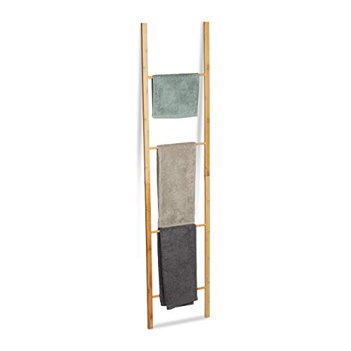 Relaxdays Bamboo Ladder Rack, 4 Rails, Foldable Freestanding Towel Holder Stand, HWD 180 x 42 x 2 cm, Natural