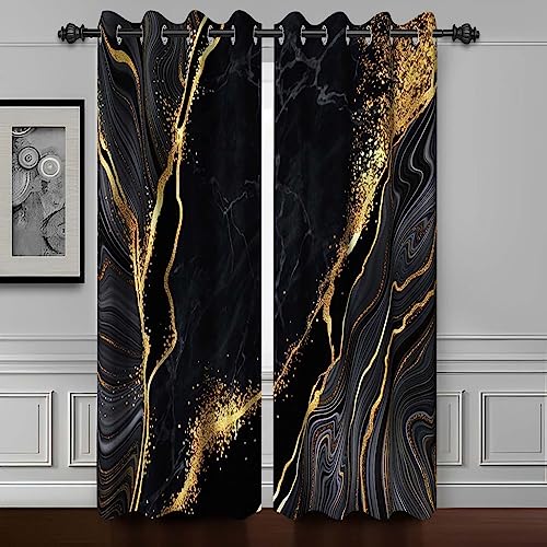 Baocicco Black Gold Marble Window Curtains - 2 Panels W42xL96 Inch, Luxury Gold Modern Design Grommets, Art Fluid Golden Texture, Bedroom & Living Room Blackout Curtain