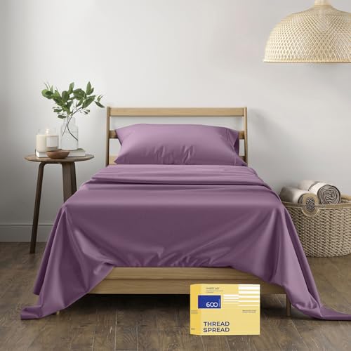 "THREAD SPREAD 100% Egyptian Cotton Sheets Twin Size - 600 Series Bliss Collection Sheets, Deep Pocket (3 PC,Plum), Soft, Cooling Sateen Twin Sets for Dorm, 16"" Deep Pocket"