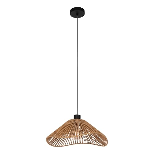 Eglo Pendant Lighting Lavister, Hanging lamp, Japanese-Style Dining Room Ceiling Light, Black Metal and Wrapped Paper in Natural Colour, FSC-Certified, E27 Socket, Ø 39 cm