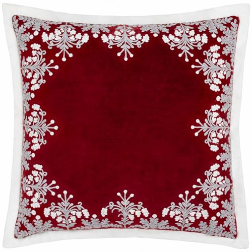 Paoletti Winter Bloom Cushion Cover – Luxury Floral Embroidered Cotton Velvet Oxford Edge Festive Decorative Case (Red – 50x50cm)