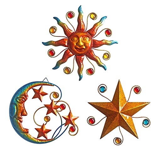 Limygus Celestial Wall Sculpture, Metal Wall Art, Sun Moon Star Set of 3, Bedroom, Living Room, Office, Kitchen