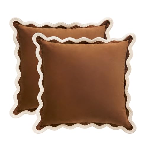 MONDAY MOOSE Decorative Throw Pillow Covers Cushion Cases, Set of 2 Soft Velvet Scalloped Wavy Edge Designs, Mix and Match for Home Decor, Pillow Inserts Not Included (Beige/Brown, 20x20 inch)