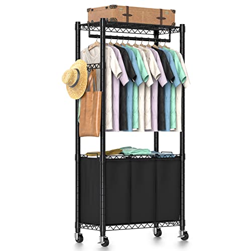 Hodonas Rolling Laundry Basket Organizer with Wheels and Hanging Bar, Laundry Hamper Cart Laundry Sorter 3 Section, Dirty Clothes Hampers for Laundry Bedroom Bathroom w/ 3 Removable Bags, Black