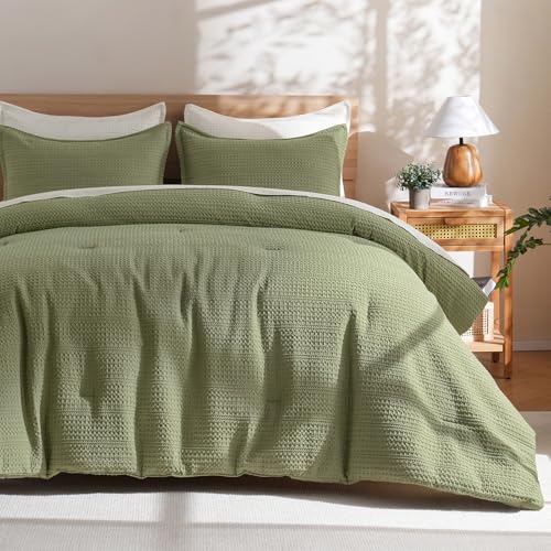 PHF Soft Waffle Comforter Set Twin Size- Comfy Breathable Waffle Weave Comforter with 1 Pillow Shams, 2 Pieces Less Snagging Lightweight Textured Bedding Set for All Season, Olive Green
