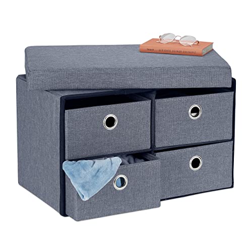 Relaxdays Storage Bench, 4 Drawers, Padded Stool for Home, Foldable, HxWxD: 39 x 60 x 38 cm, Grey, Fibreboard