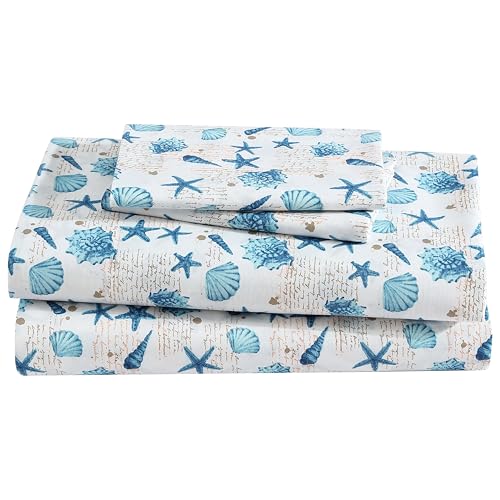 "Beatrice Home Fashions Coastal Print Microfiber Sheet Set, Soft, Comfy, 12"" Deep Pockets, Twin, Shell Notes"