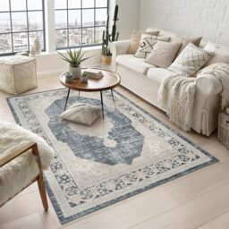 Rugs by Desire Maia Washable Living Room Area Rug – Soft Polypropylene Weaving, Low Pile, Non Slip Cotton Backing for Elegant Indoor Spaces, Navy, 120 x 180 cm (Rectangular)