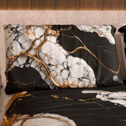 MARBLELIZED – Pair of Pillow Cases for Bed 50 x 80 cm, Printed Front/Back, Pillowcases, Pair of Elegant Pillowcases with Black and White Marble Effect, Gift Idea, 100% Made in Italy