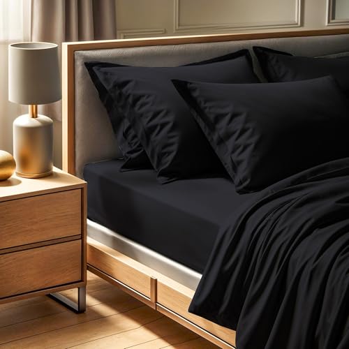 Premium Ranforce Double XL Fitted Sheet (140 x 200 + 30 cm), 100% Cotton, 145 Thread Count, Machine Washable at 30°C, Elegant Black Colour for Ultimate Comfort