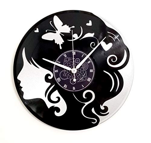 Instant Karma Clocks Instant Karma Double Wall Vinyl Watch-Silver-Vintage Butterfly Gift Idea Woman Face Profile, Silent