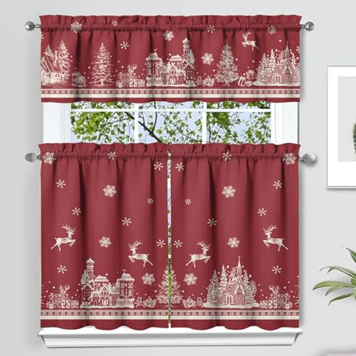 Christmas Kitchen Curtains and Valances Set of 3 - Red Elk Snowflake Decor, Winter Xmas Short Curtain Set for Bedroom Holiday Decor 36 Inch