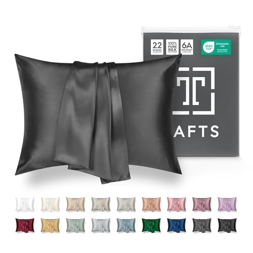 "TAFTS 22mm 100% Pure Mulberry 6A Silk Pillowcase for Hair & Skin with Envelope Closure, No Zipper, Cooling, Natural, Organic, Double Sided Pillow Case (Charcoal, King 20""x36"", 22 Momme 1pc)"