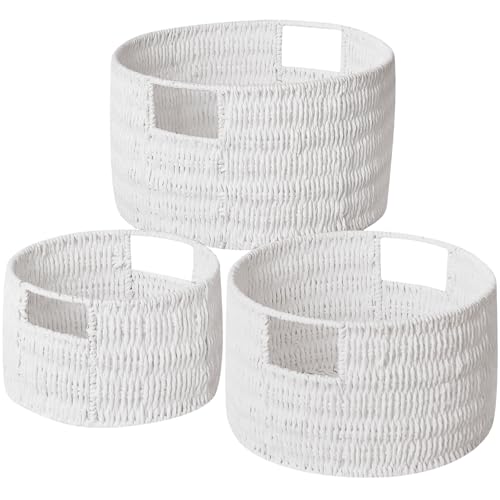 Vagusicc Wicker Storage Basket, Hand-Woven Paper Rope Large Round Woven Basket With Handles, Wicker Baskets for Organizing/Storage, White, 3-Pack