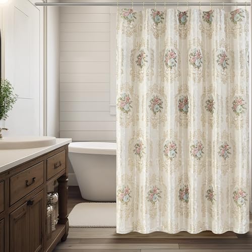 Loom and Mill Textured Fabric Shower Curtain Set with 12 Metal Hooks, Damask Floral Design Bathroom Shower Curtain Sets, Waterproof Heavyweight Shower Curtain for Home Bathroom(72x72, Pearly Beige)
