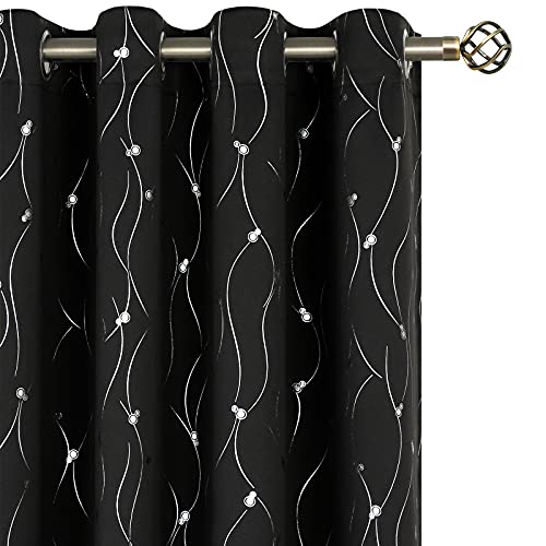 BGment Blackout curtains for Bedroom 2 Panels with Silver Wave Line and Dots Pattern, Thermal Insulated Room Darkening Eyelet Curtains, Black, 46 x 54 Inches