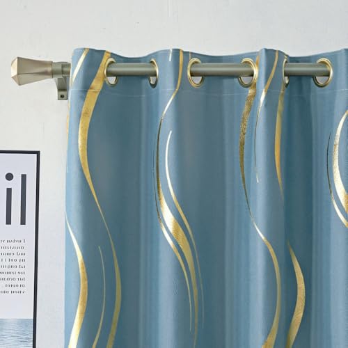 MYRU Luxury Blackout Striped Curtains. Blue and Gold, 2 Panels 54x102 Inch, for Bedroom and Living Room.