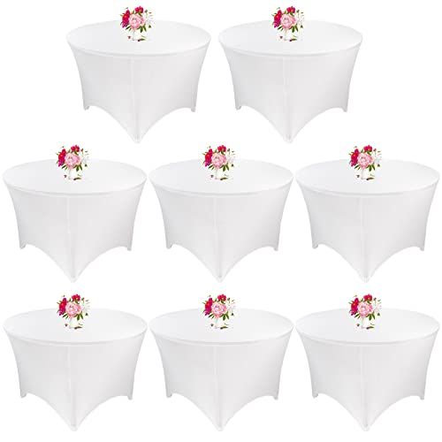 8 Pack 5FT Round Spandex Tablecloth 60??? White Round Elastic Table Cover, Round Table Cloth Washable Wrinkle Resistant Fitted Stretch Table Cover for Wedding Party Birthday Banquet Bar Events(White)