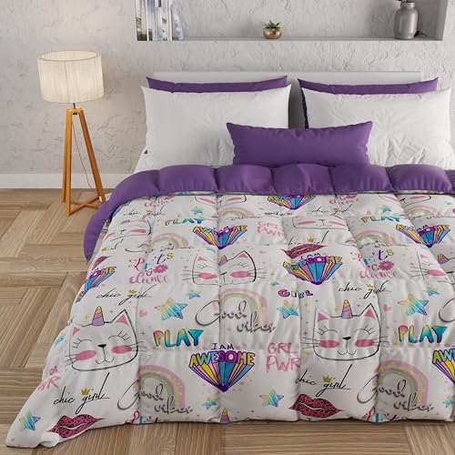 PETTI Artigiani Italiani - Quilt, Winter Duvet, Winter Quilt, Single Double Sided Quilt, Solid Colour and Digital Print, 100% Hypoallergenic Microfibre, Made in Italy