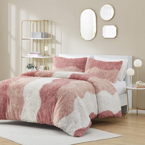Intelligent Design Soft & Cozy Shaggy Faux Fur Comforter Set, Trendy Ombre Design with Vibrant Color, All Season, Down Alternative Bedding, Matching Sham, Cassie Full/Queen Blush Multi 3 Piece