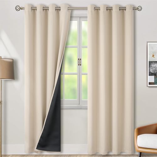 BGment Thermal Insulated 100% Blackout Curtains 84 Inch Length 2 Panels, Total Light Blocking Curtains for Bedroom, Grommet Window Drapes with Thick Black Liner, 52 Inch Wide Each Panel, Champagne