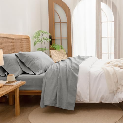 BESTOUCH Sheet Set 100% Washed Cotton Linen Feel Super Soft Comfortable Chic Lightweight 4 Pcs Home Bed Sheets Double Bedding Set Solid Light Grey Queen