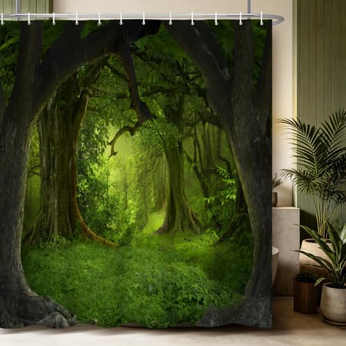 Renaiss 60x72 Inches Green Enchanted Forest Shower Curtain Tropical Old Tree Deep Jungle Rainforest Fantasy Nature Landscape Aesthetic Shower Curtains for Bathroom Decor Waterproof with Hooks