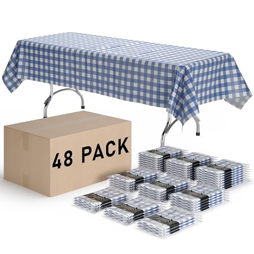 "Exquisite Picnic Table Cover - 48 Pack Premium Rectangle Plastic Tablecloth - Blue & White Checkered BBQ Plastic Table Cover - Gingham Checkerboard Disposable Plastic Tablecloth 54"" x 108"" Rectangle"